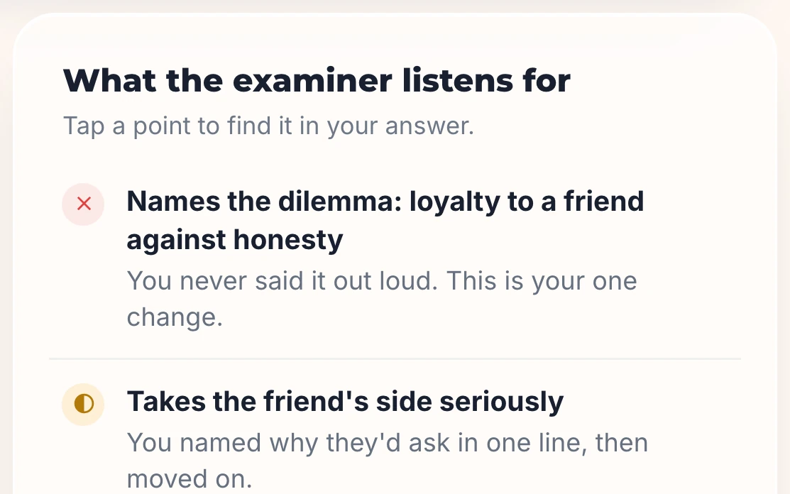 What the examiner listens for at a station: each marking point, covered, partly covered or missed